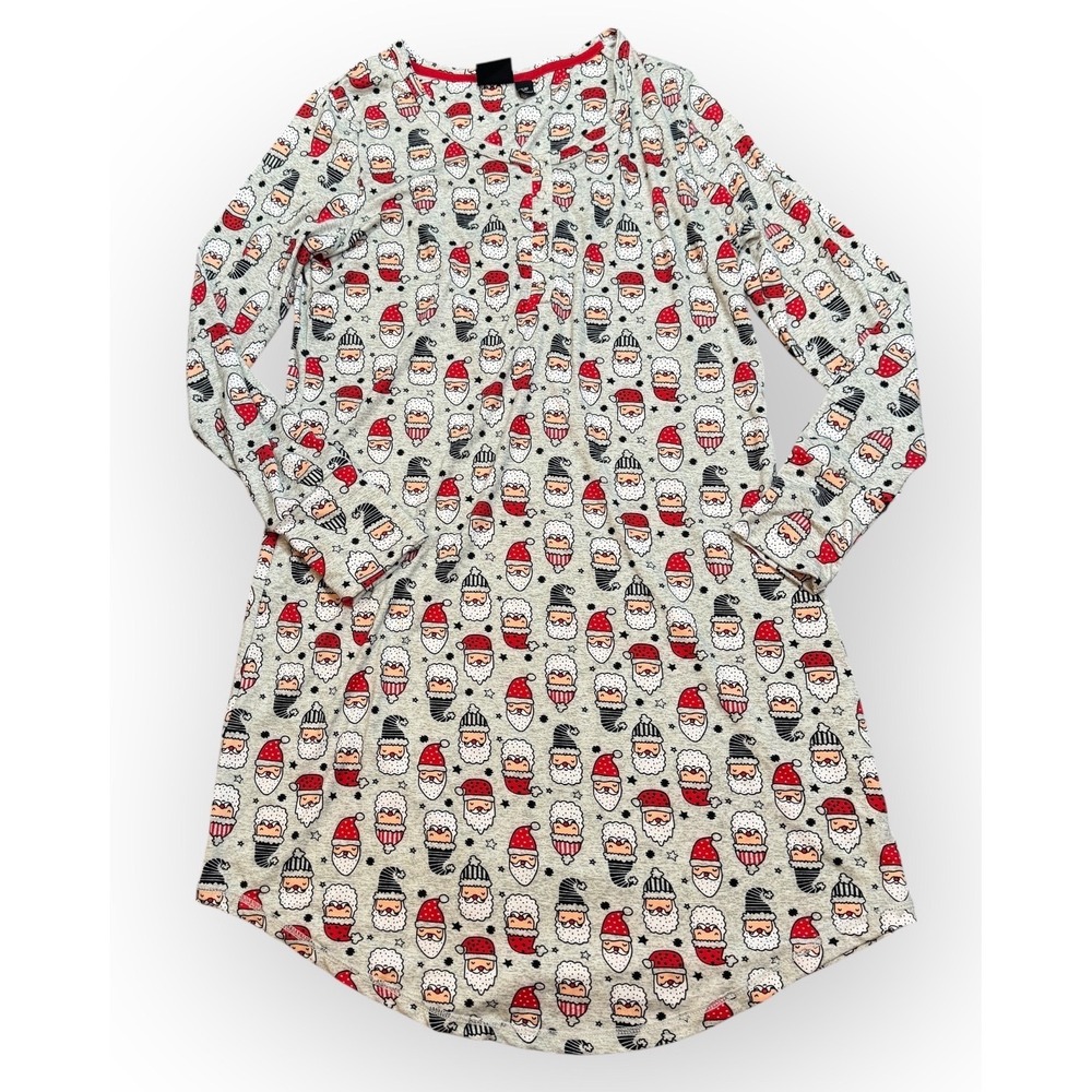 Santa's Treasures Womens S/P Santa Claus Print Nightgown‎ Long Sleeve Gray Red